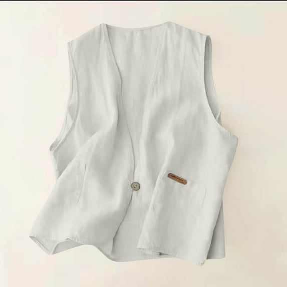 Nrmvnmi Women's Sleeveless Cotton Linen Vest Solid Color Button Down V Neck Waistcoat Button closure Jacket With Pockets White