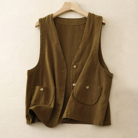 Nrmvnmi Women's Sleeveless Cotton Linen Vest Solid Color Button Down V Neck Waistcoat Button closure Jacket With Pockets Yellow