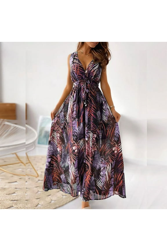 Women's Sleeveless Sundresses Spring Tropical Cocktail Long Max Dress V Neck Leaf Print Summer Going Out Wedding Dresses Brown-XL