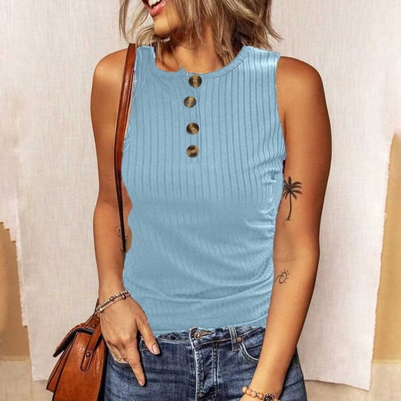 Nrmvnmi Women's Sleeveless Tunic Top Henley Neck Solid Stitch Shirt Oversized Summer Casual Blouse For Mothers day gifts