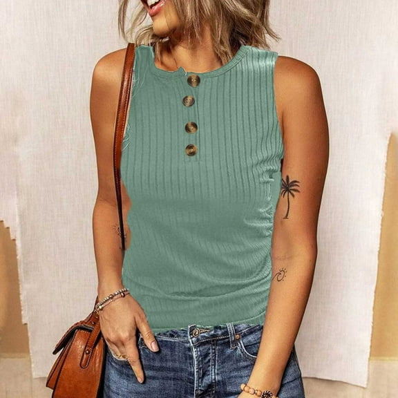 Nrmvnmi Women's Sleeveless Tunic Top Henley Neck Solid Stitch Shirt Oversized Summer Casual Blouse For Mothers day gifts