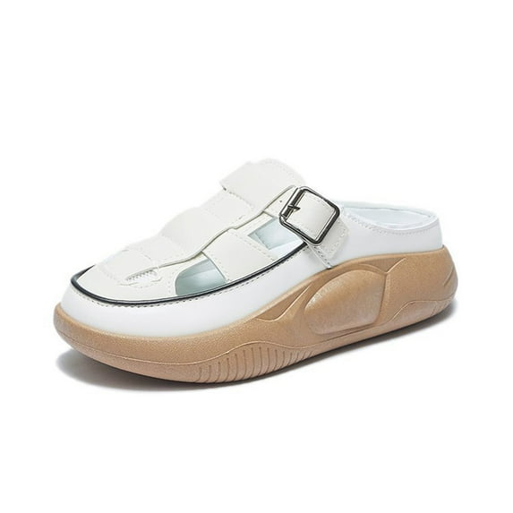 Nrmvnmi Women's Slides Round Toe Summer Muffin Thick Bottom Middle Heel Half Slippers Outdoor Casual Trendy One Stirrup Poop Shoes Comfortable Soft Bottom Poop Shoes Sandals White Mothers Day Gifts