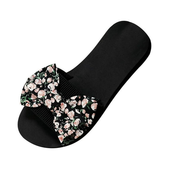 Nrmvnmi Women's Slippers Open Toe One-Line Bow Over Flat Sandals Floral Summer Comfortable Shoe Black Mothers Day Gifts