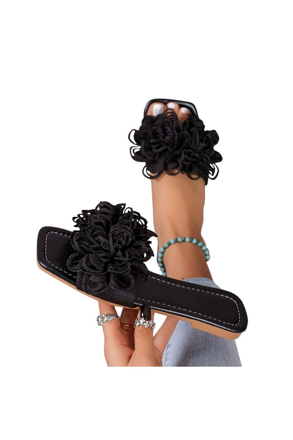 Women's Slippers Summer Floral Open Toe Trendy Solid Color Flat Slides Daily Beach Slides Black Mothers Day Gifts