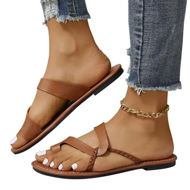 Nrmvnmi Women's Slippers Summer Open Toe with Clip Toeweave Flat Slippers Trendy Slip on Non Slip Shoes Casual Outdoor Beach Slippers Brown Mothers Day Gifts