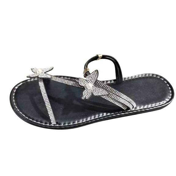Nrmvnmi Women's Slippers Summer Open Toe Rhinestone Plus Size Flat Bottom Bow Flip Flops Black Mothers Day Gifts