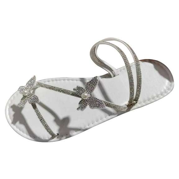 Nrmvnmi Women's Slippers Summer Open Toe Rhinestone Plus Size Flat Bottom Bow Flip Flops White Mothers Day Gifts