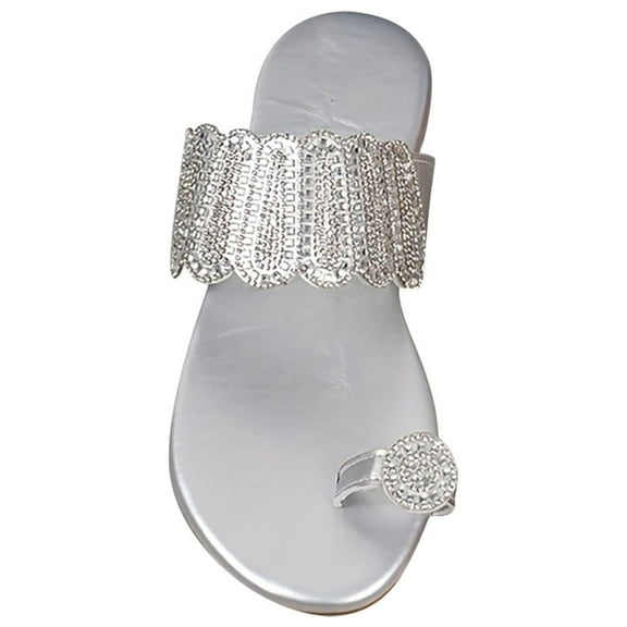 Nrmvnmi Women's Slippers Summer Open Toe Rhinestone with Clip Toe Plus-Size Set Toe Flat Beach Sandals Silver Mothers Day Gifts