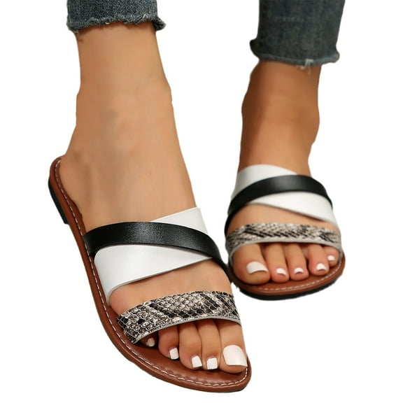 Nrmvnmi Women's Slippers Summer Open Toe Slippers Sandals Independent Standing Snake Patterned Flat Bottomed Beach Shoes White Mothers Day Gifts