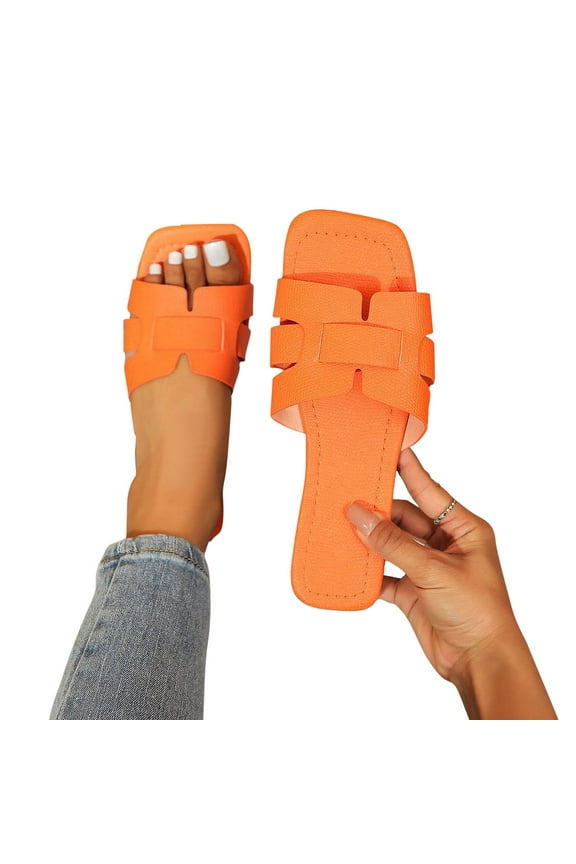 Women's Slippers Summer Open Toe Square Toe Casual Flat Sandals Solid Color Non-Slip Shoes Outdoor Slippers Orange Mothers Day Gifts