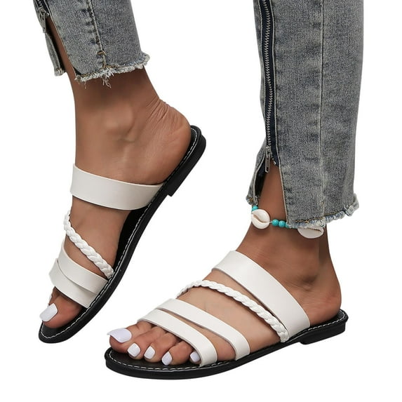 Nrmvnmi Women's Slippers Summer Open Toe Woven Strap Slippers Trendy Comfortable Flat Heeled Beach Slippers White Mothers Day Gifts