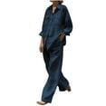 thumbnail image 1 of Nrmvnmi Women's Solid 2 Piece Outfits Cotton Linen Long Sleeve Button Down Shirt Wide Leg Pants Matching Lounge Sets Trendy Travel Vacation Outfits Dark Blue MMothers Day Gifts, 1 of 6