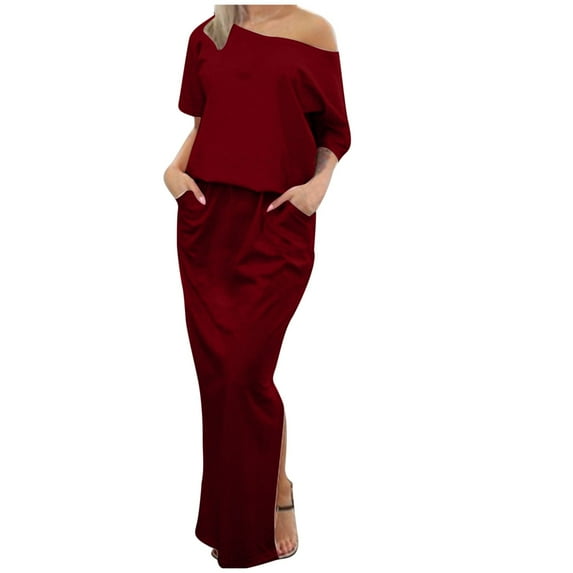 Nrmvnmi Women's Spring Summer Dress Cold Shoulder Casual Loose Long Dress Strapless Maxi Dress Short Sleeve Solid Color One Shoulder Sundresses Burgundy SMothers Day Gifts