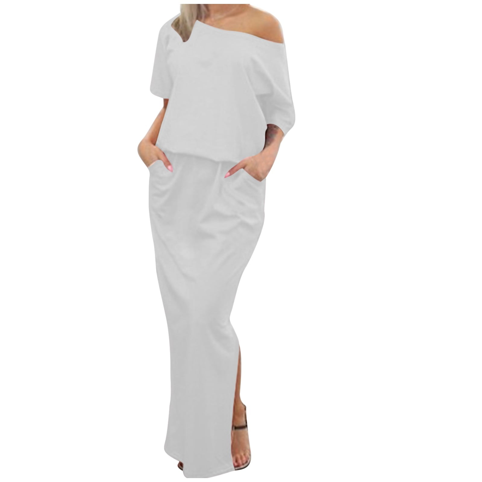 Nrmvnmi Women's Spring Summer Dress Cold Shoulder Casual Loose Long Dress  Strapless Maxi Dress Short Sleeve Solid Color One Shoulder Sundresses White  SMothers Day Gifts - Walmart.com