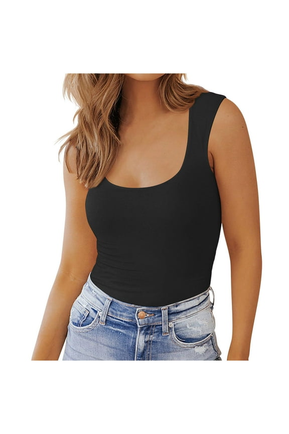 Women's Square Neck Tank Top Sleeveless Double Lined Basic Tops Black-L