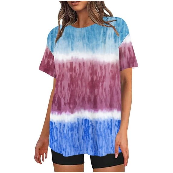Nrmvnmi Women's Striped Two-Piece Outfits Summer Casual Gradient Print Crewneck Short Sleeve Oversized T Shirt Biker Shorts Sets Lounge Workout Tracksuits Blue SMothers Day Gifts