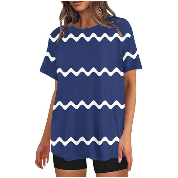 Nrmvnmi Women's Striped Two-Piece Outfits Summer Casual Print Crewneck Short Sleeve Oversized T Shirt Biker Shorts Sets Lounge Workout Tracksuits Blue MMothers Day Gifts