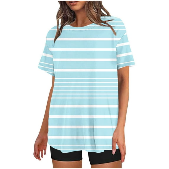 Nrmvnmi Women's Striped Two-Piece Outfits Summer Casual Print Crewneck Short Sleeve Oversized T Shirt Biker Shorts Sets Lounge Workout Tracksuits Light Blue 2XLMothers Day Gifts