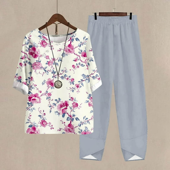 Nrmvnmi Women's Summer 2 Piece Outfits Casual Floral Prints Short Sleeve Pajama Tops Wide Leg Pants Lounge Sets Tracksuits Mothers Day Gifts