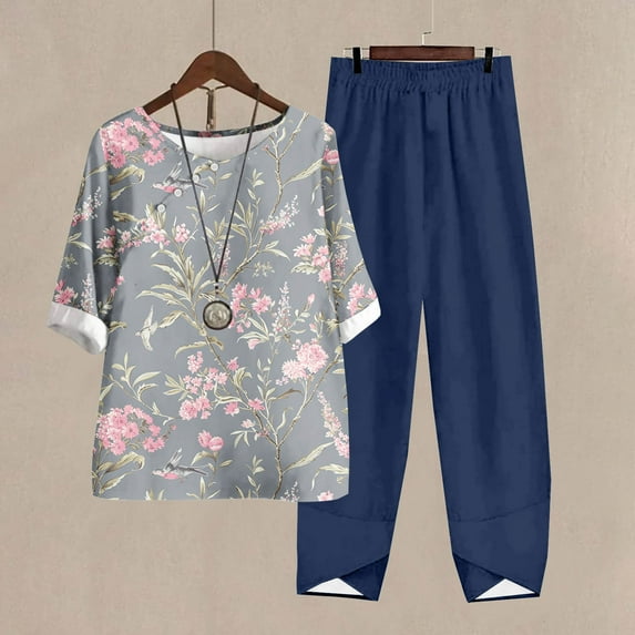 Nrmvnmi Women's Summer 2 Piece Outfits Casual Floral Prints Short Sleeve Pajama Tops Wide Leg Pants Lounge Sets Tracksuits Mothers Day Gifts