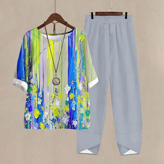 Nrmvnmi Women's Summer 2 Piece Outfits Casual Floral Prints Short Sleeve Pajama Tops Wide Leg Pants Lounge Sets Tracksuits Mothers Day Gifts