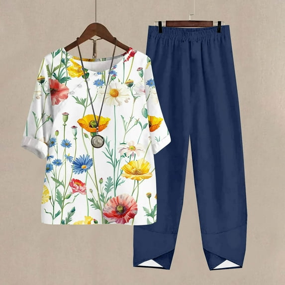 Nrmvnmi Women's Summer 2 Piece Outfits Casual Floral Prints Short Sleeve Pajama Tops Wide Leg Pants Lounge Sets Tracksuits Mothers Day Gifts
