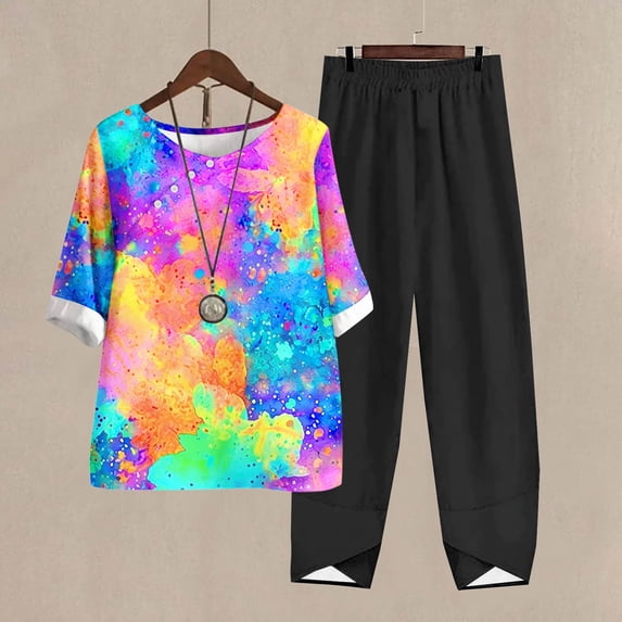 Nrmvnmi Women's Summer 2 Piece Outfits Casual Floral Prints Short Sleeve Pajama Tops Wide Leg Pants Lounge Sets Tracksuits Mothers Day Gifts