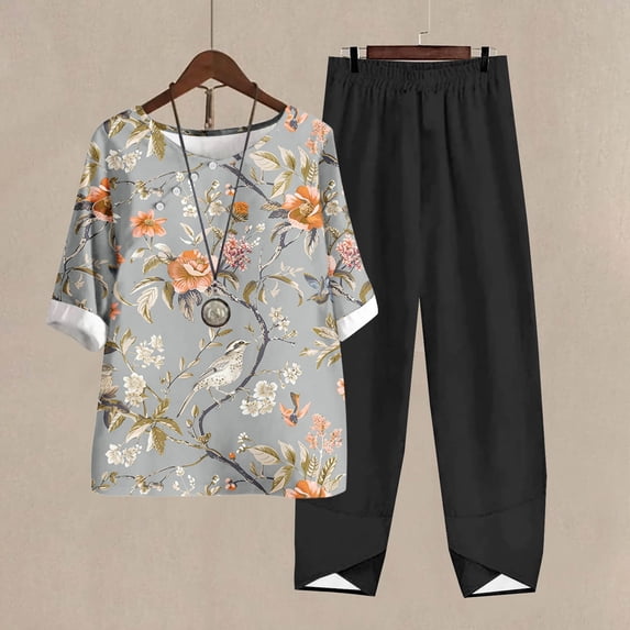 Nrmvnmi Women's Summer 2 Piece Outfits Casual Floral Prints Short Sleeve Pajama Tops Wide Leg Pants Lounge Sets Tracksuits Mothers Day Gifts