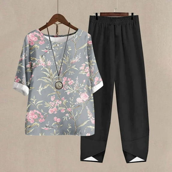 Nrmvnmi Women's Summer 2 Piece Outfits Casual Floral Prints Short Sleeve Pajama Tops Wide Leg Pants Lounge Sets Tracksuits Mothers Day Gifts
