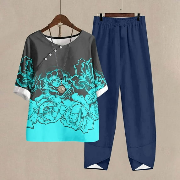 Nrmvnmi Women's Summer 2 Piece Outfits Casual Floral Prints Short Sleeve Pajama Tops Wide Leg Pants Lounge Sets Tracksuits Mothers Day Gifts