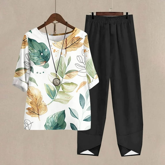 Nrmvnmi Women's Summer 2 Piece Outfits Casual Floral Prints Short Sleeve Pajama Tops Wide Leg Pants Lounge Sets Tracksuits Mothers Day Gifts
