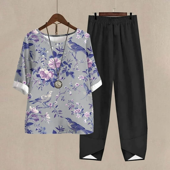 Nrmvnmi Women's Summer 2 Piece Outfits Casual Floral Prints Short Sleeve Pajama Tops Wide Leg Pants Lounge Sets Tracksuits Mothers Day Gifts
