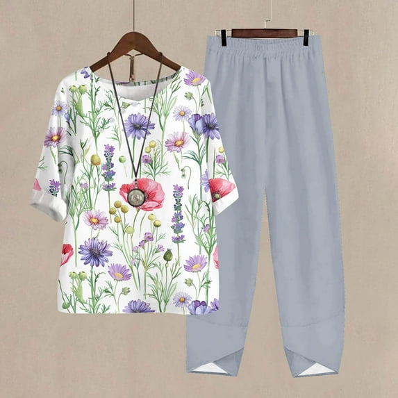 Nrmvnmi Women's Summer 2 Piece Outfits Casual Floral Prints Short Sleeve Pajama Tops Wide Leg Pants Lounge Sets Tracksuits Mothers Day Gifts