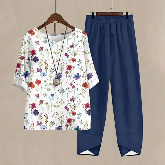 Nrmvnmi Women's Summer 2 Piece Outfits Casual Floral Prints Short Sleeve Pajama Tops Wide Leg Pants Lounge Sets Tracksuits Mothers Day Gifts