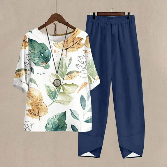 Nrmvnmi Women's Summer 2 Piece Outfits Casual Floral Prints Short Sleeve Pajama Tops Wide Leg Pants Lounge Sets Tracksuits Mothers Day Gifts