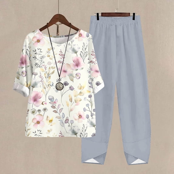 Nrmvnmi Women's Summer 2 Piece Outfits Casual Floral Prints Short Sleeve Pajama Tops Wide Leg Pants Lounge Sets Tracksuits Mothers Day Gifts