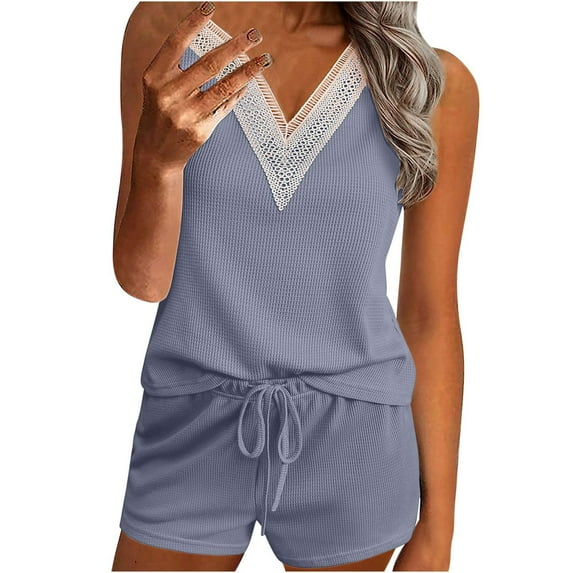 Nrmvnmi Women's Summer 2 Piece Sets Casual Shorts Outfits V Neck Lace Collar Sleeveless Tops and Drawstring Shorts Vacation Beachwear Gray MMothers Day Gifts