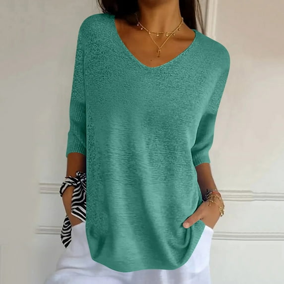 Nrmvnmi Women's Summer 3/4 Sleeve T-Shirts Casual V Neck Solid Cute Tees Basic Tunic Tops Blouses For Mothers day gifts
