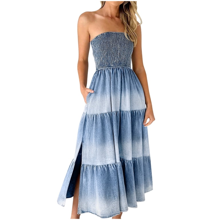 knee length dresses for ladies IT'S BRITNEY PATCHWORK DENIM MAXI DRESS  AKIRA