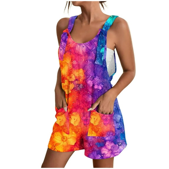 Nrmvnmi Women's Summer Casual Sleeveless Floral Printed Rompers Loose Spaghetti Strap Shorts Overalls Jumpsuit with Pockets Multicolor LMothers Day Gifts