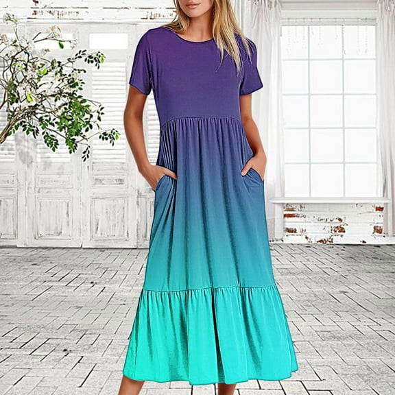 Nrmvnmi Women's Summer Casual Tie Dye Short Sleeve Crewneck Dress Casual Flowy Tiered Maxi Beach Dress With Pockets Multicolor-2XL