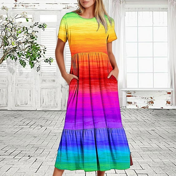 Nrmvnmi Women's Summer Casual Tie Dye Short Sleeve Crewneck Dress Casual Flowy Tiered Maxi Beach Dress With Pockets Multicolor-2XL