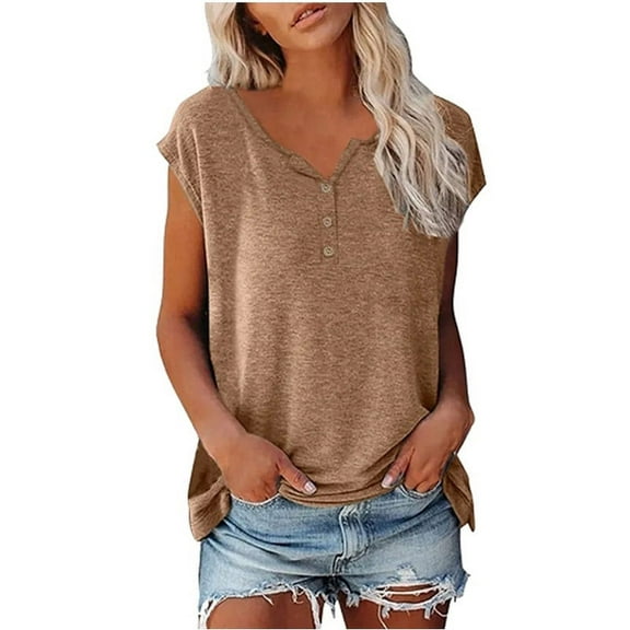 Nrmvnmi Women's Summer Cotton Tank Tops Crew Neck Button Down Slim Fit Basic Short Sleeve Tunic Blouse Casual Henley Shirts