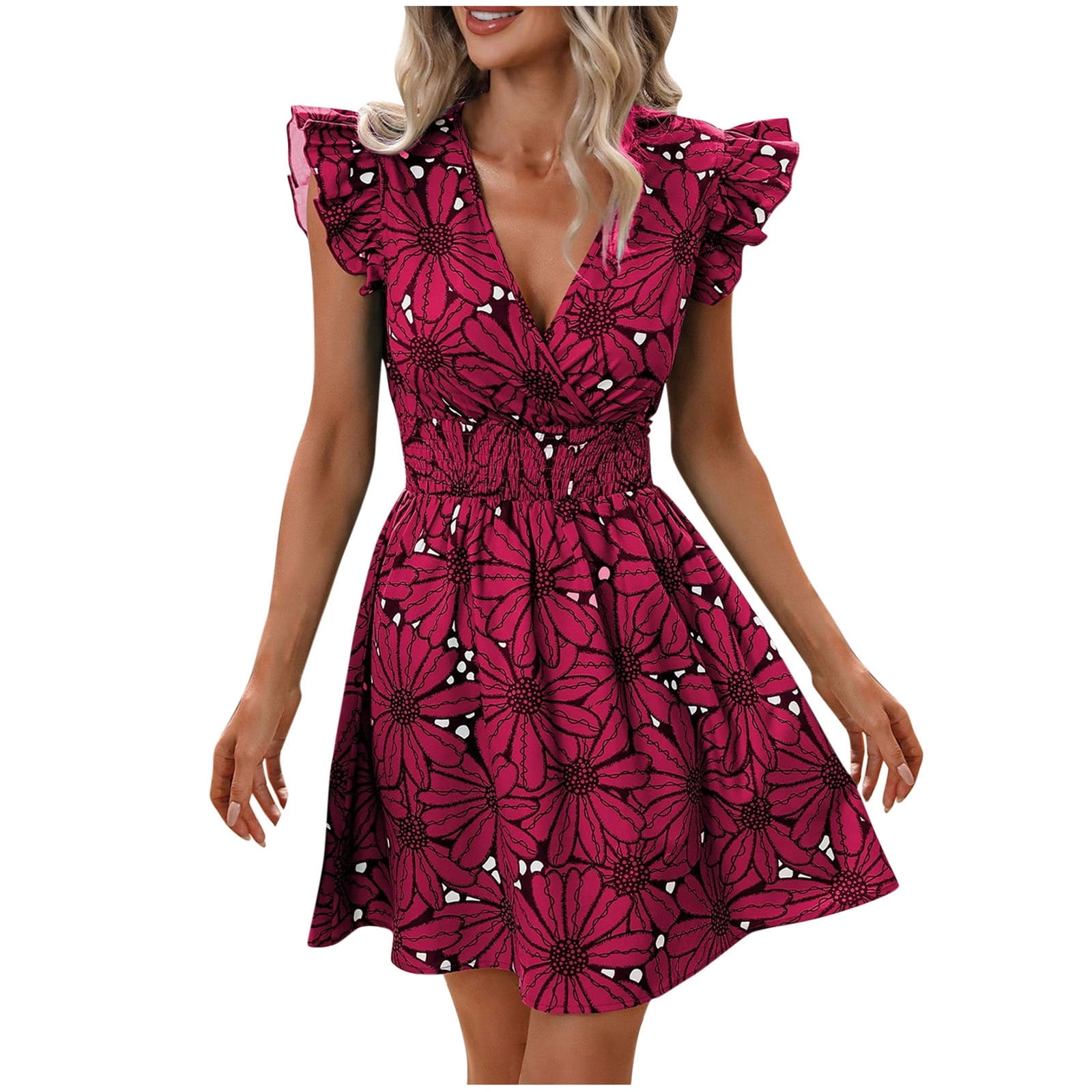 Nrmvnmi Women's Summer Dress Floral V Neck Smocked Waist Ruffled Short  Sleeve A Line Short Mini Dress Blue LMothers Day Gifts - Walmart.com