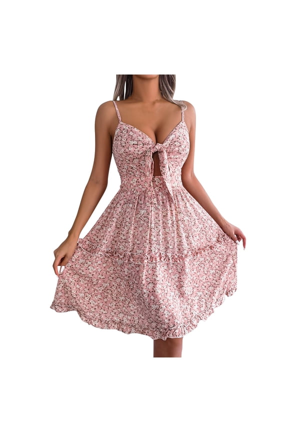 Women's Summer Mini Dresses Spring Floral Print Spaghetti Strap Sundresses Beach Clothes Outfit Vacation 2024 V Neck Tie Front Casual Tropical Resort Hawaiian Pink XLMothers Day Gifts
