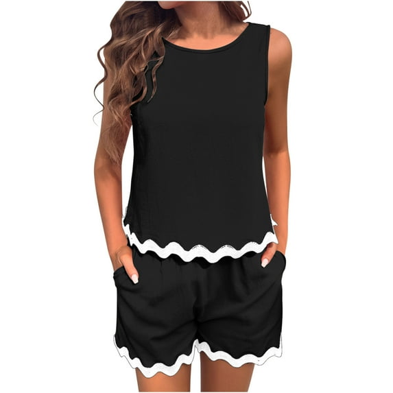 Nrmvnmi Women's Summer Outfits 2 Piece Color Block Scalloped Sleeveless Round Neck Tank Top and Wide Leg Shorts Lounge Sets Black MMothers Day Gifts