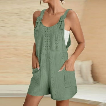 Nrmvnmi Women's Summer Rompers 2024 Casual Cotton Linen Sleeveless Overalls Short Bib Jumpsuit with Pockets