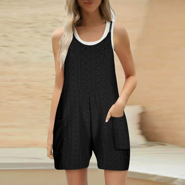 Nrmvnmi Women's Summer Rompers 2024 Casual Cotton Linen Sleeveless Overalls Short Bib Jumpsuit with Pockets