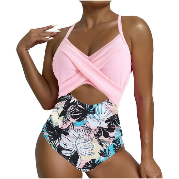 Nrmvnmi Women's Swimwear Elegant High Stretch One-Piece Swimsuit With Sexy Twist Cut Out Criss Cross Ruching Chic Halter Neck & Hand washable Pink-M Mothers Day Gifts