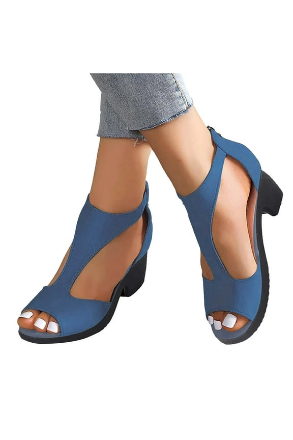 Women's T-Strap Open Toe Sandal High Heeled Dressy Low Wedge Sandals Block Chunky Heels Blue Mothers Day Gifts